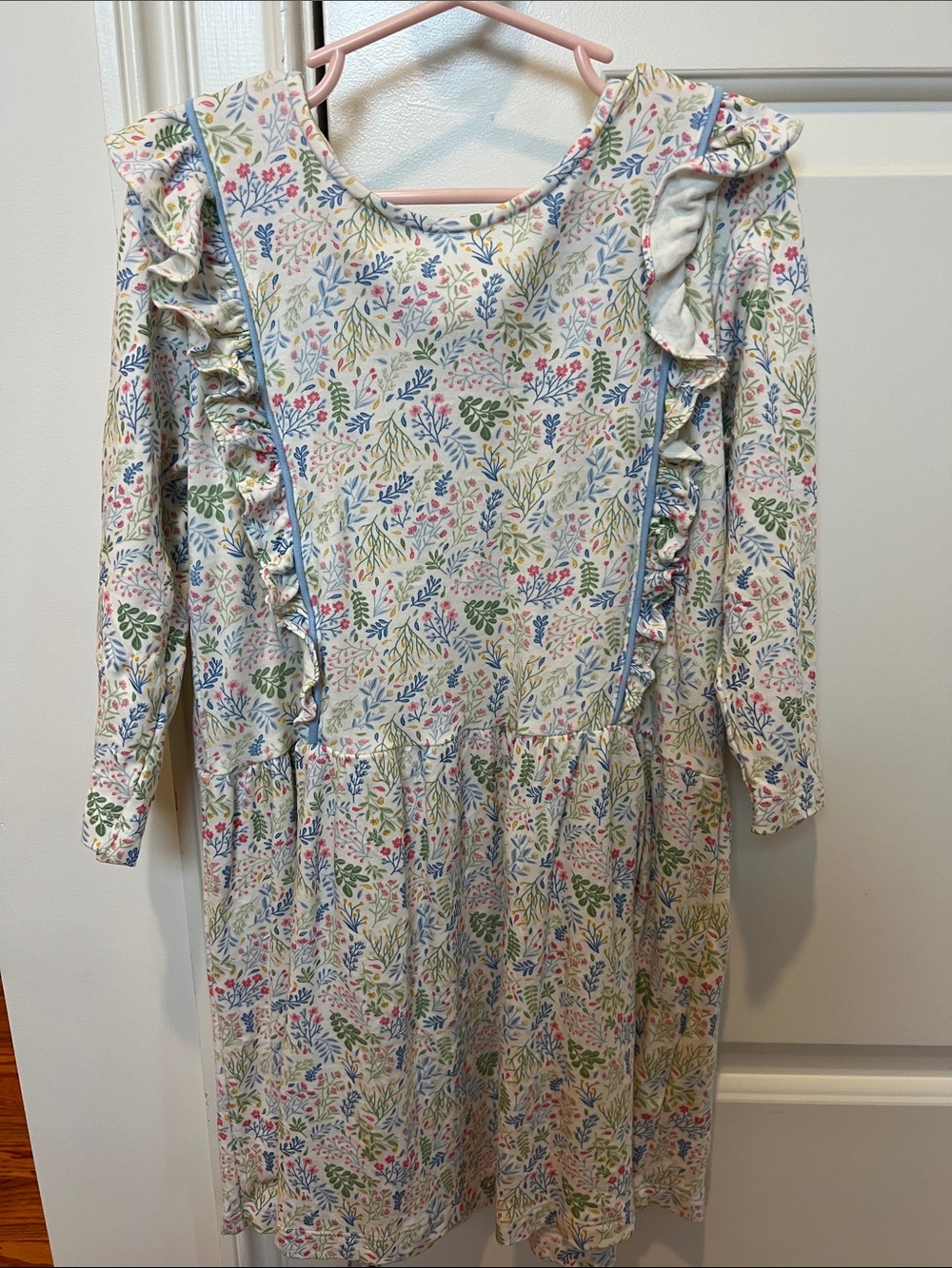 bella bliss Cream Floral Ruffle Long-Sleeve Dress with Blue Trim